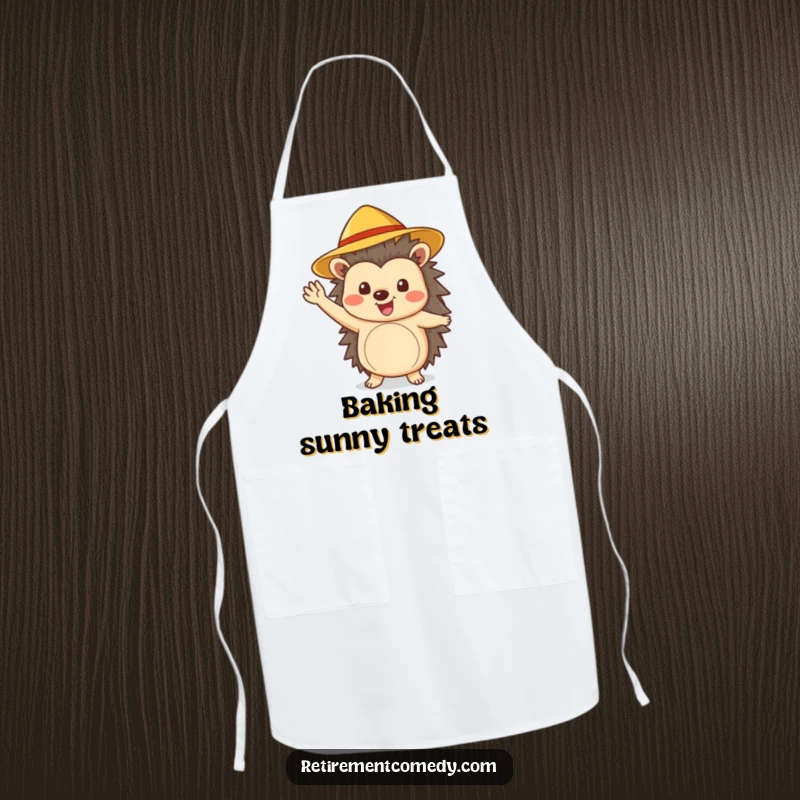 Funny cheerful hedgehog wearing a sun hat waves enthusiastically on this apron, making it a fun kitchen accessory.