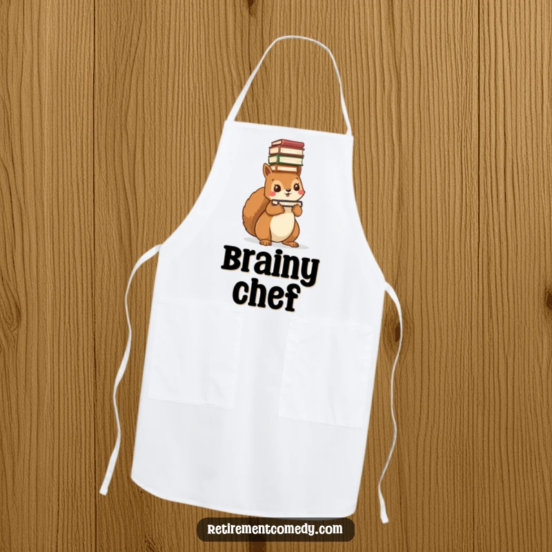 Funny kawaii squirrel apron, balancing a stack of books on its head, cute and functional, great for cooks.