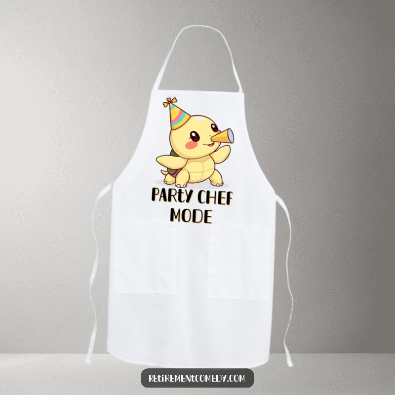 Funny kawaii turtle with a party hat blowing a party horn on an apron, a humorous kitchen accessory.