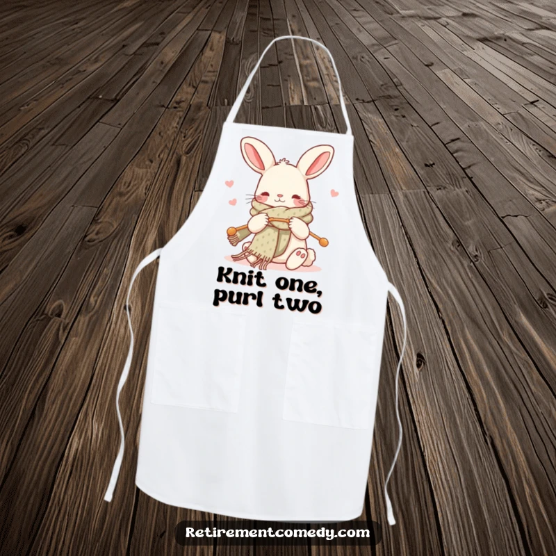 Funny kawaii rabbit apron, knitting a scarf with large needles, practical and cute, great for crafters.