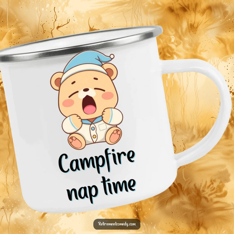Funny sleepy bear in pajamas and a nightcap yawns widely on this camping mug, ideal for relaxed outdoor moments.