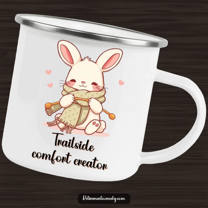 Funny kawaii rabbit camping mug, knitting a scarf with big needles, durable and charming, great for campers.