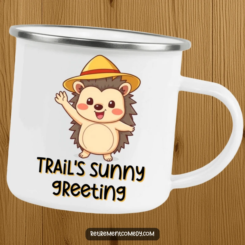 Funny cheerful hedgehog in a sun hat waves enthusiastically on this camping mug, ready for outdoor fun.