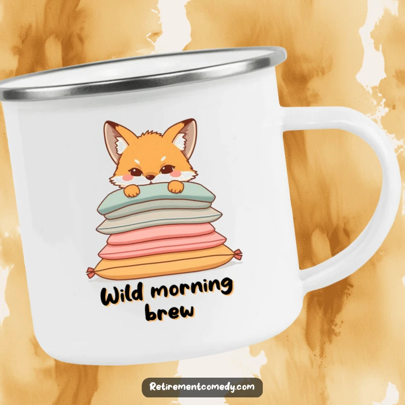 Funny camping mug with a sly fox peeking from behind a stack of comfortable cushions, perfect for enjoying beverages outdoors with a humorous touch.