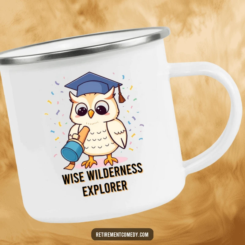 Durable funny kawaii owl launching a confetti cannon on a camping mug, perfect for outdoor adventures and humorous gift-giving.