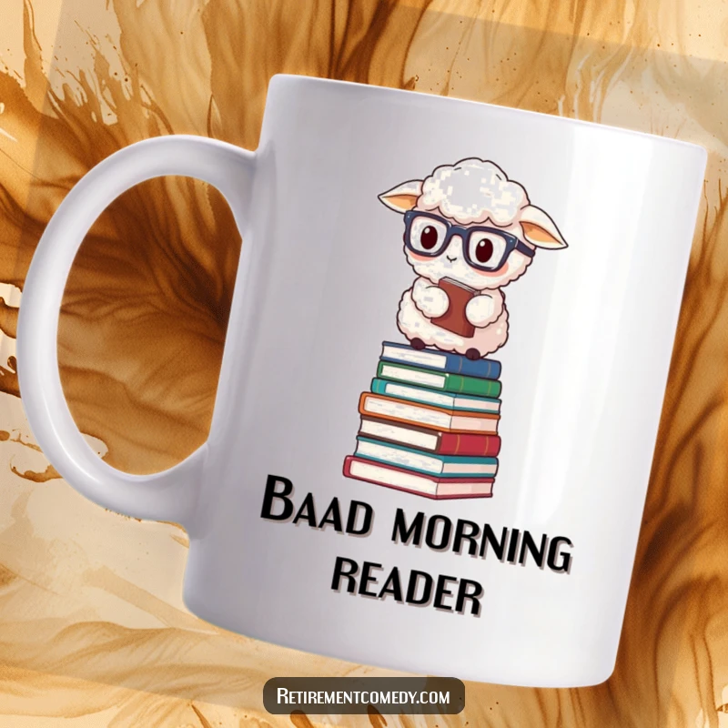 Funny fluffy sheep wearing reading glasses, precariously balancing on a teetering stack of books, perfect for coffee.
