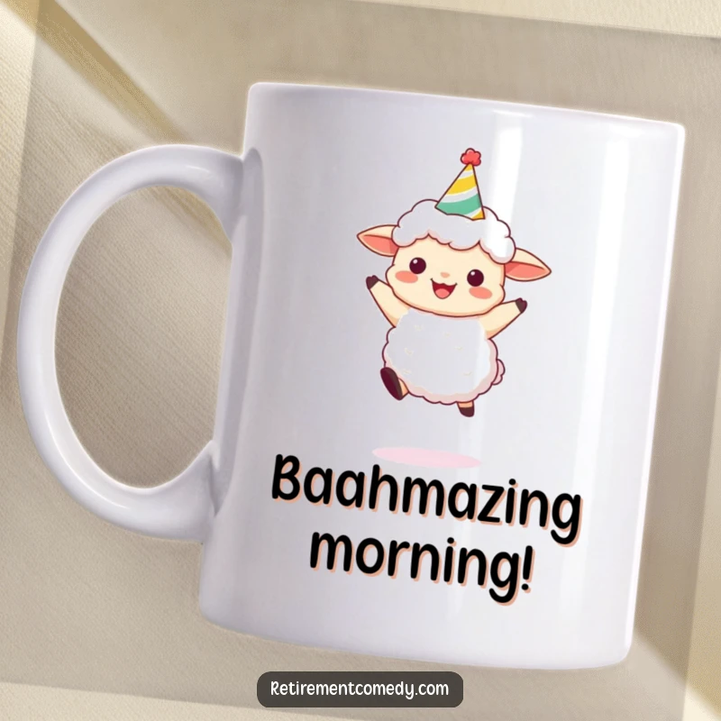 Funny Sheep Party Leap Mug: A fluffy sheep wearing a party hat joyfully leaps, embodying celebration and fun, a hilarious gift.