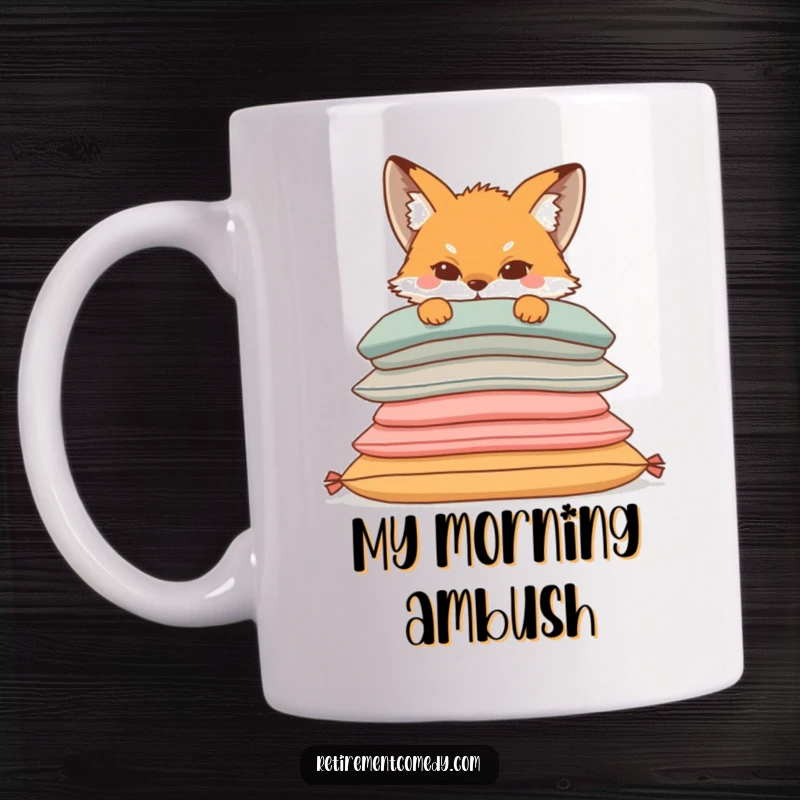 Funny mug with a sly fox curiously peeking from behind a pile of soft, comfortable cushions, conveying playful mischief and cozy vibes.