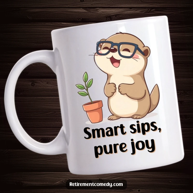 Funny kawaii otter with glasses happily high-fiving a small potted plant, a joyful and humorous mug design.
