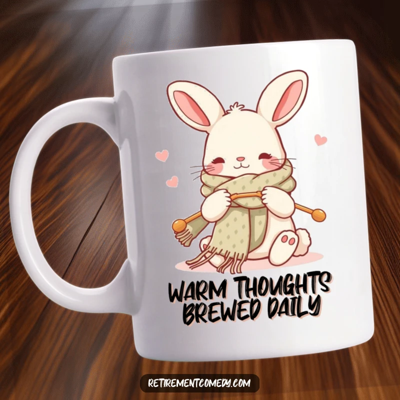 Funny kawaii rabbit mug, knitting a long cozy scarf with giant needles, looking content, perfect for crafters.