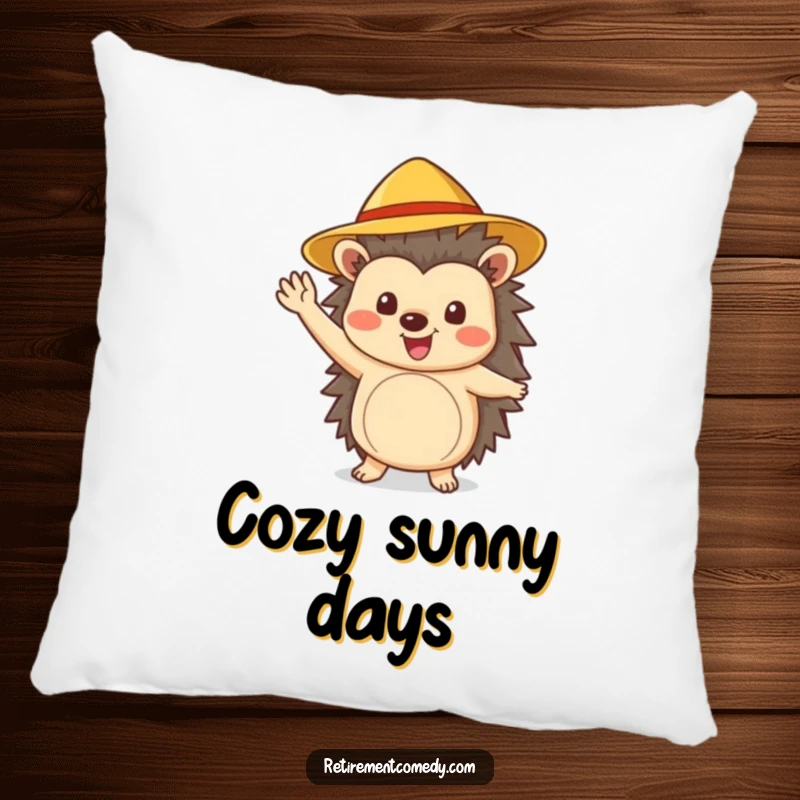 A plush pillow featuring a funny cheerful hedgehog with a sun hat waving enthusiastically, exuding cozy and happy vibes.