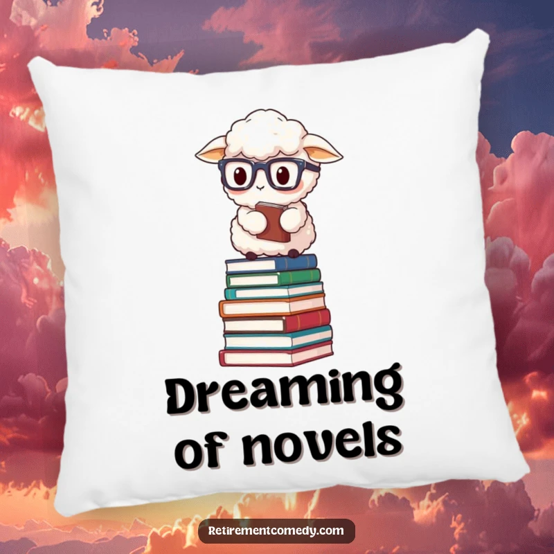 Funny fluffy sheep wearing reading glasses, balancing on a stack of books, printed on a soft and humorous pillow.