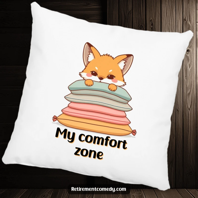 Funny pillow with a sly fox peeking from behind a stack of comfortable cushions, offering a soft and humorous accent for any seating.