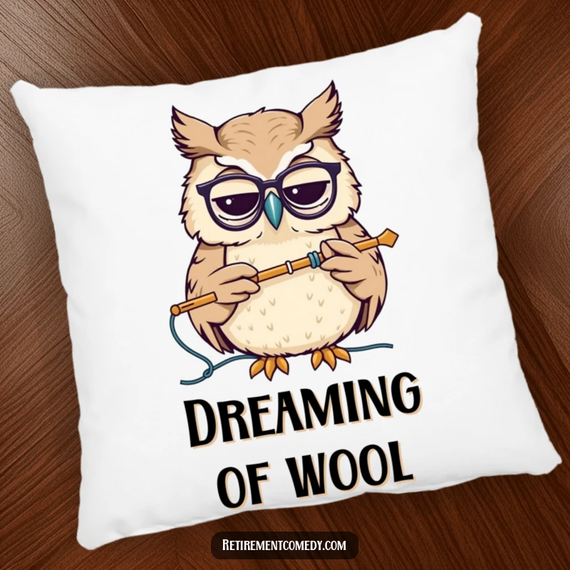 Funny pillow with a wise owl wearing spectacles, nodding while knitting, offering a soft and humorous accent for any couch or chair.