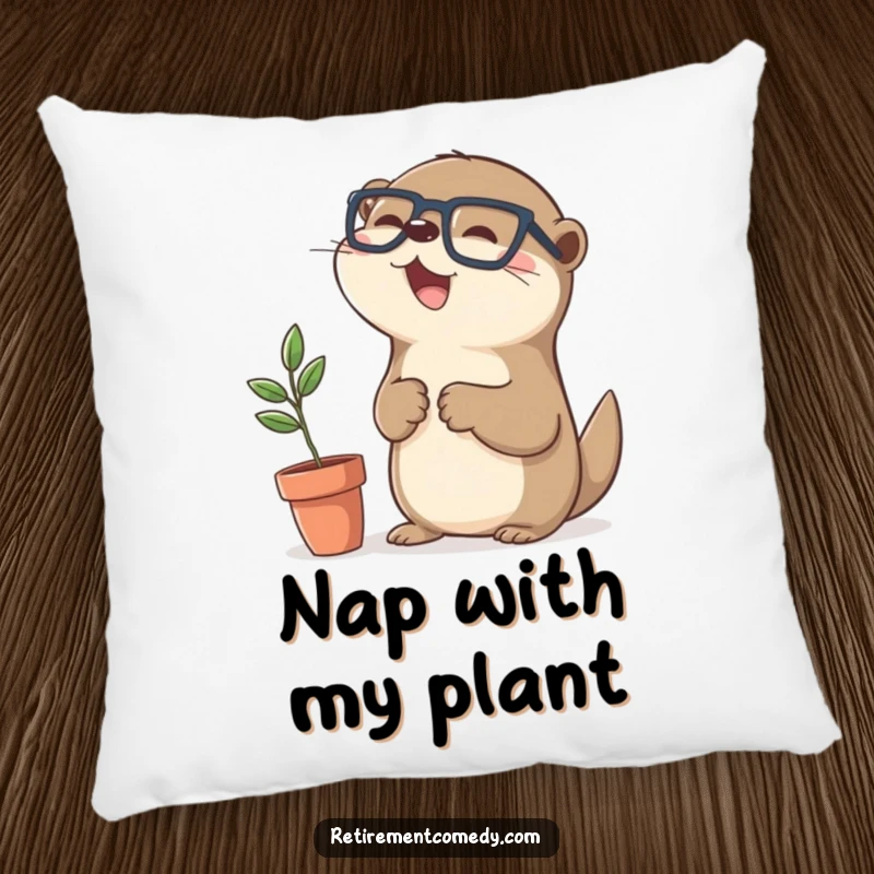 A decorative pillow with a funny kawaii otter high-fiving a plant, offering a cozy and humorous touch to any living space.