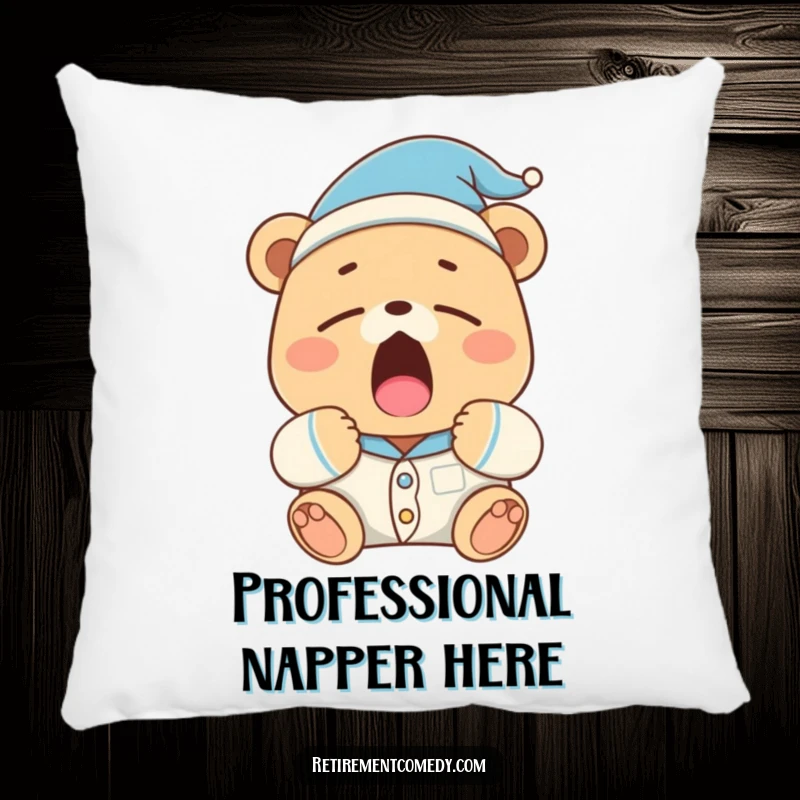 A funny sleepy bear in pajamas and a nightcap yawns widely on this plush pillow, perfect for cozy comfort.