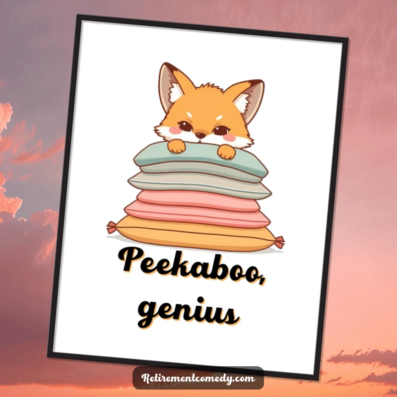 Funny digital art print of a sly fox peeking from behind a stack of comfortable cushions, capturing a moment of cozy curiosity and humor.