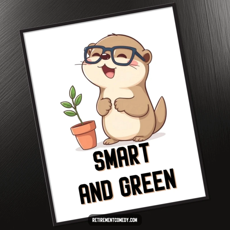 Kawaii otter wearing glasses high-fiving a small plant, a humorous digital art print for wall decor, a delightful gift.