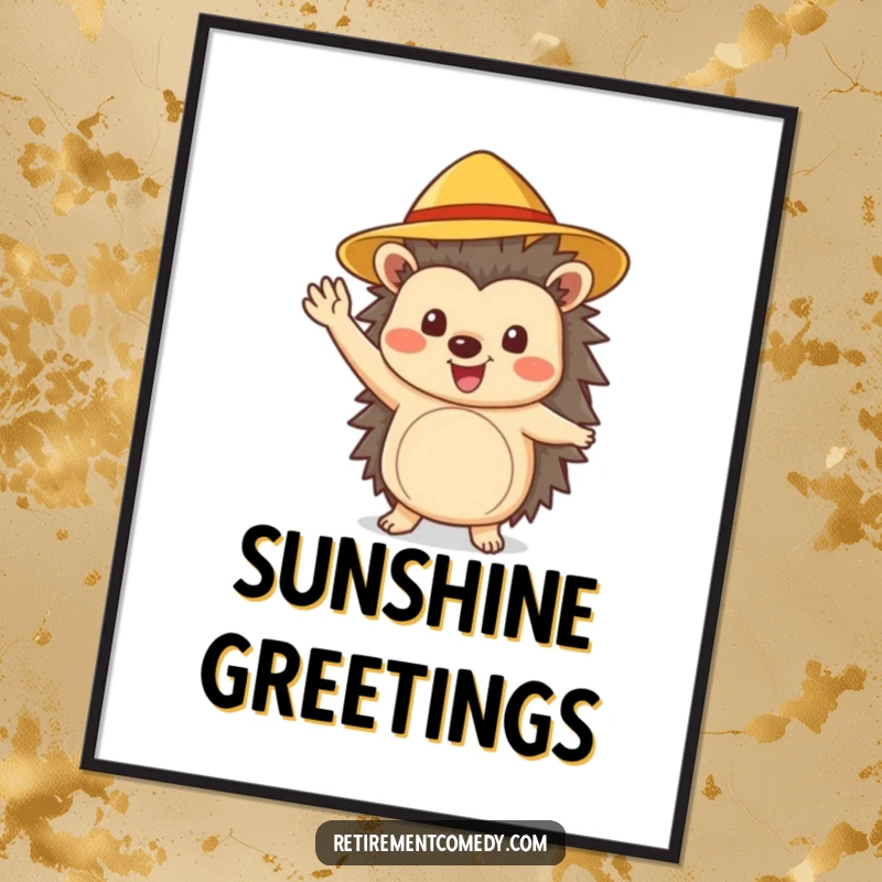 Funny cheerful hedgehog wearing a sun hat waves enthusiastically, bringing joy and warmth to this digital art print.