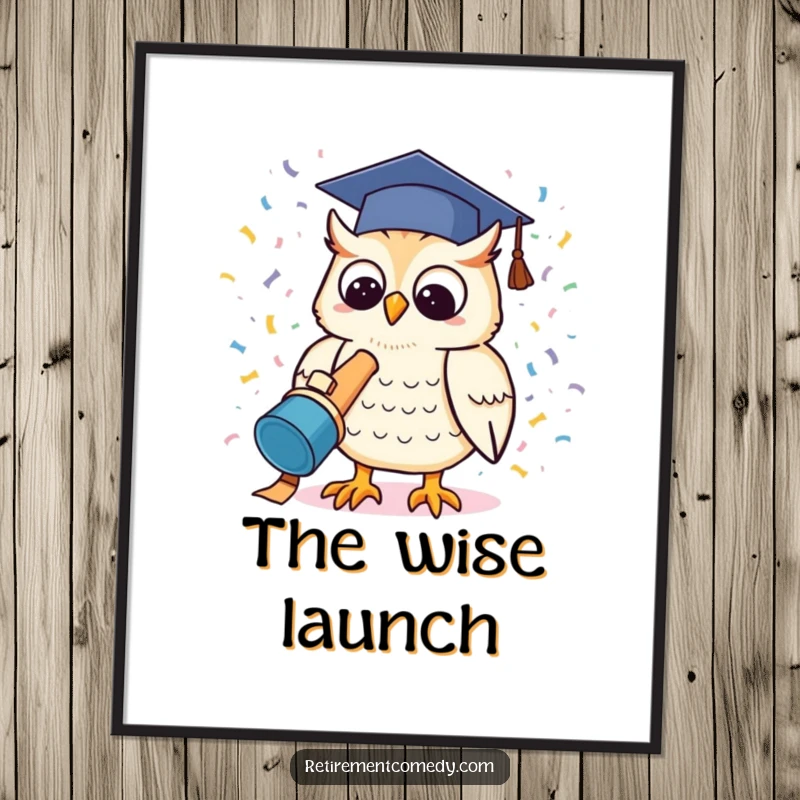 Kawaii owl wearing a graduation cap launching a confetti cannon, a humorous digital art print for wall decor, a delightful gift.