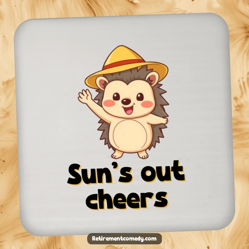 A funny cheerful hedgehog with a sun hat waves enthusiastically on this coaster, adding a touch of joy.