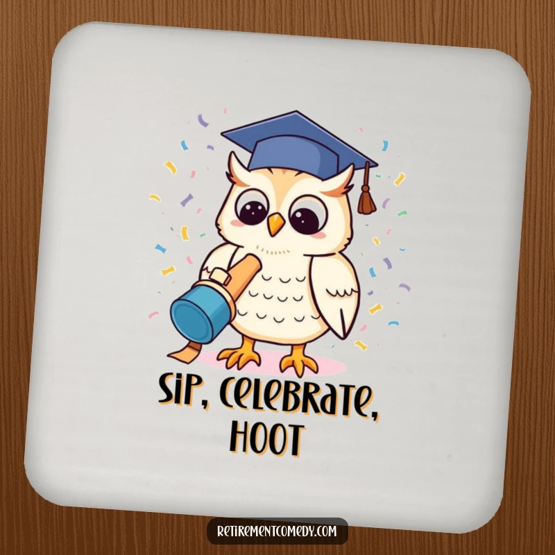 Funny kawaii owl launching a confetti cannon on a drink coaster, a humorous and practical home accessory.