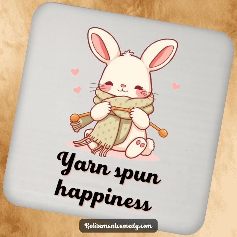 Funny kawaii rabbit coaster, knitting a scarf with large needles, protects furniture, adds charm.