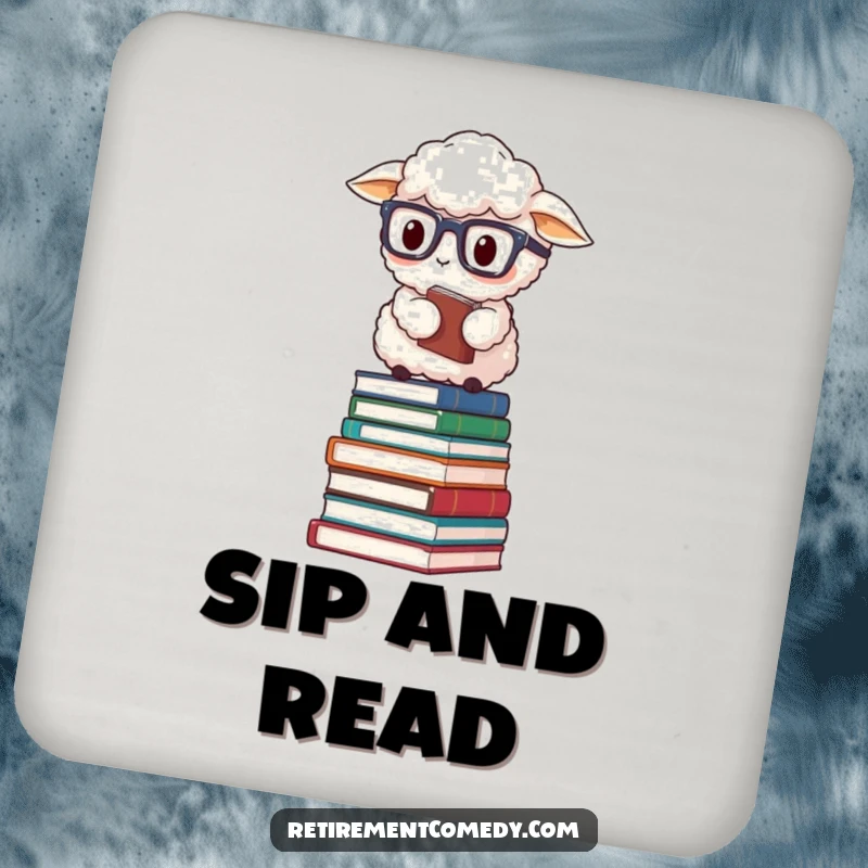 Funny fluffy sheep wearing reading glasses, balancing on a stack of books, on a protective and humorous drink coaster.