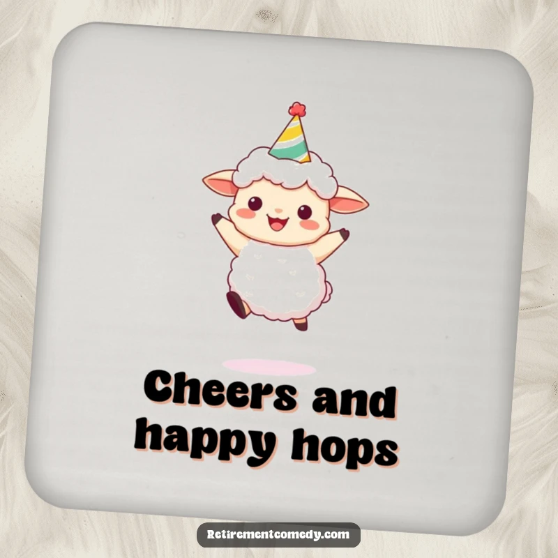 Funny Sheep Party Coasters: A set of coasters featuring a joyfully leaping sheep in a party hat, offering protection and a funny gift.