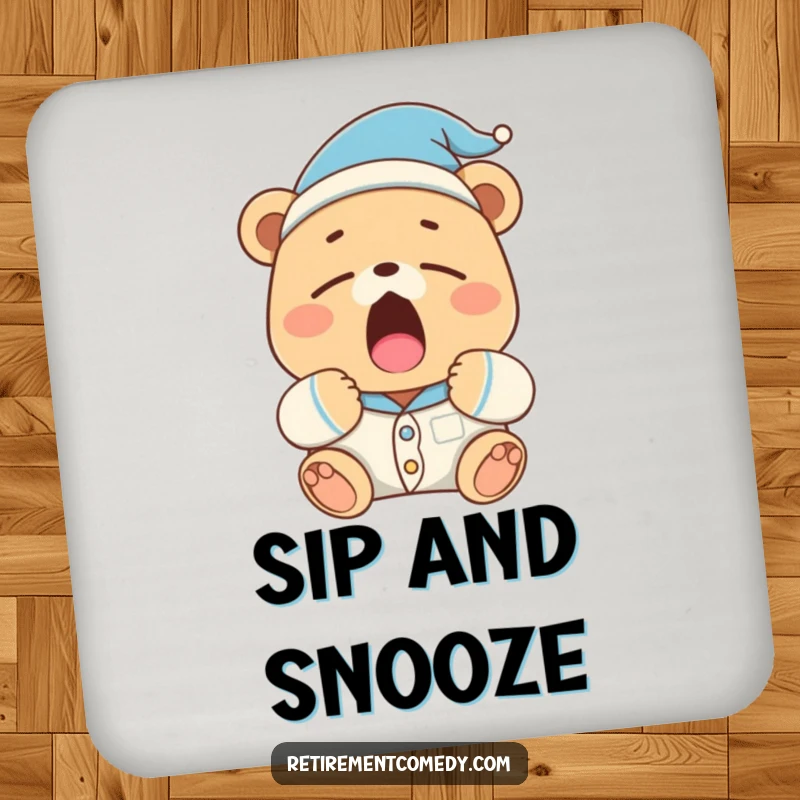Funny sleepy bear in pajamas and a nightcap yawns widely on this coaster, offering protection with sleepy charm.