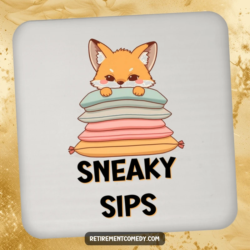Funny drink coaster with a sly fox peeking from behind a stack of comfortable cushions, adding a humorous and protective touch to tabletops.
