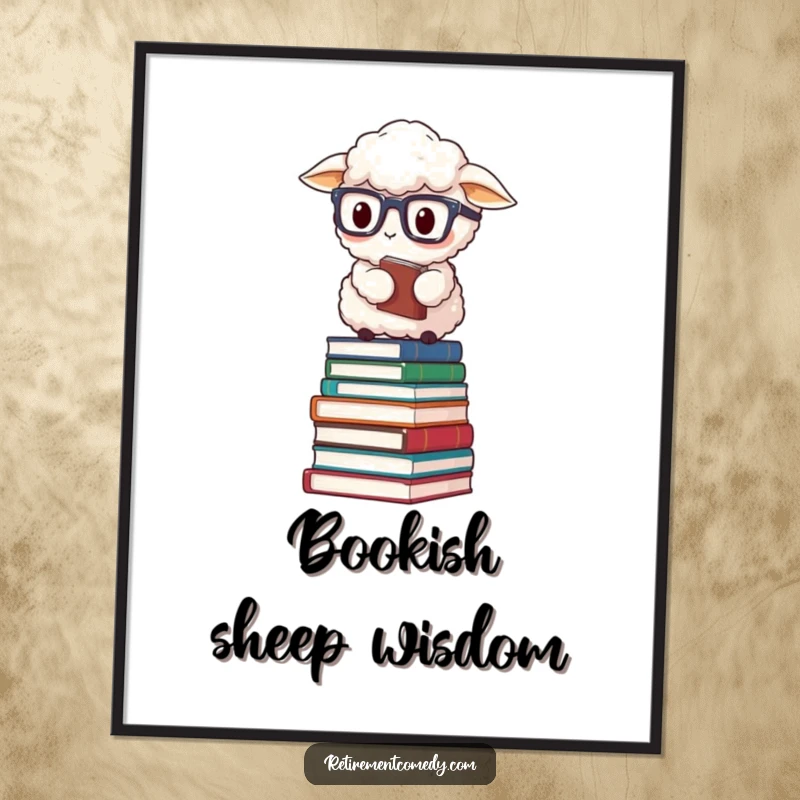 Funny fluffy sheep wearing reading glasses, precariously balanced on a teetering stack of books, featured on a humorous poster.
