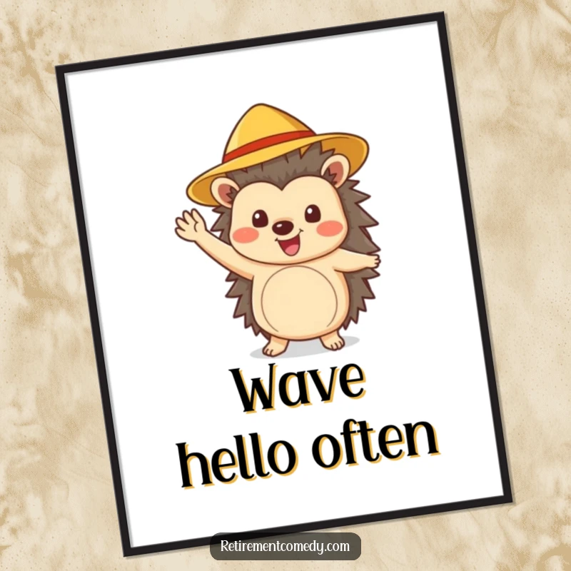A cheerful hedgehog wearing a sun hat waves enthusiastically, bringing joy and vibrant energy to this funny poster.