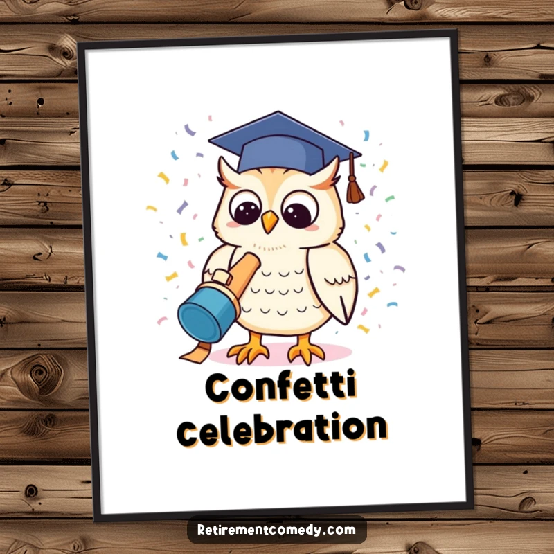 Kawaii owl in a graduation cap launching a confetti cannon, presented as humorous wall art, a delightful gift.