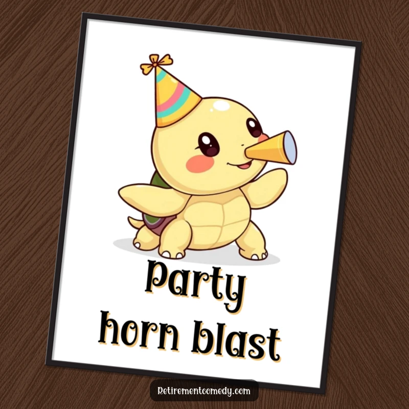 Kawaii turtle in a party hat blowing a party horn, presented as humorous wall art, a delightful gift.