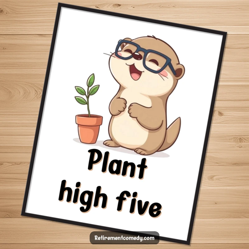 Kawaii otter with spectacles giving a high-five to a plant, presented as humorous wall art, a delightful gift.