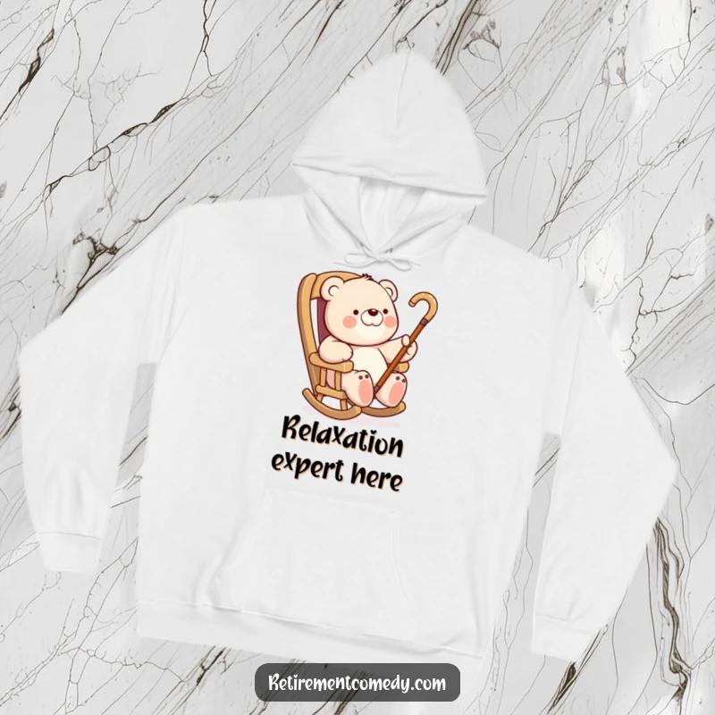 Funny Bear Rocking Chair Hoodie: A comfortable hoodie featuring a bear chilling in a rocking chair, humorously waving a cane, a great funny gift.