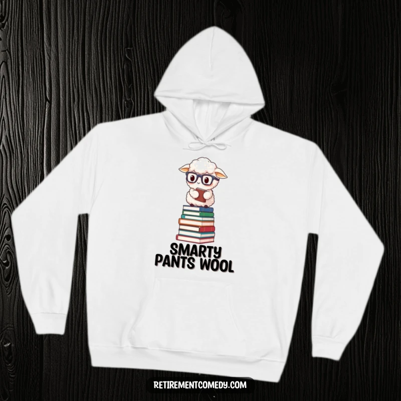 Funny fluffy sheep wearing reading glasses, balancing on a teetering stack of books, featured on this warm hoodie.