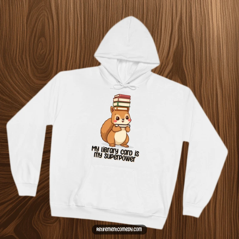 Funny kawaii squirrel hoodie, balancing a large stack of books on its head, looking studious and cute, warm gift.