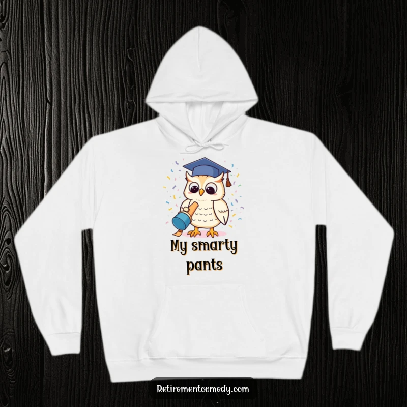 A cozy hoodie with a funny kawaii owl launching a confetti cannon, ideal for celebrating achievements and humorous gifting.