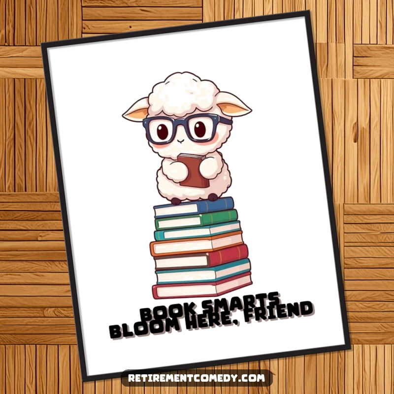 Funny Free Printable Wall Art: Fluffy sheep in reading glasses humorously balancing on a precarious stack of books.