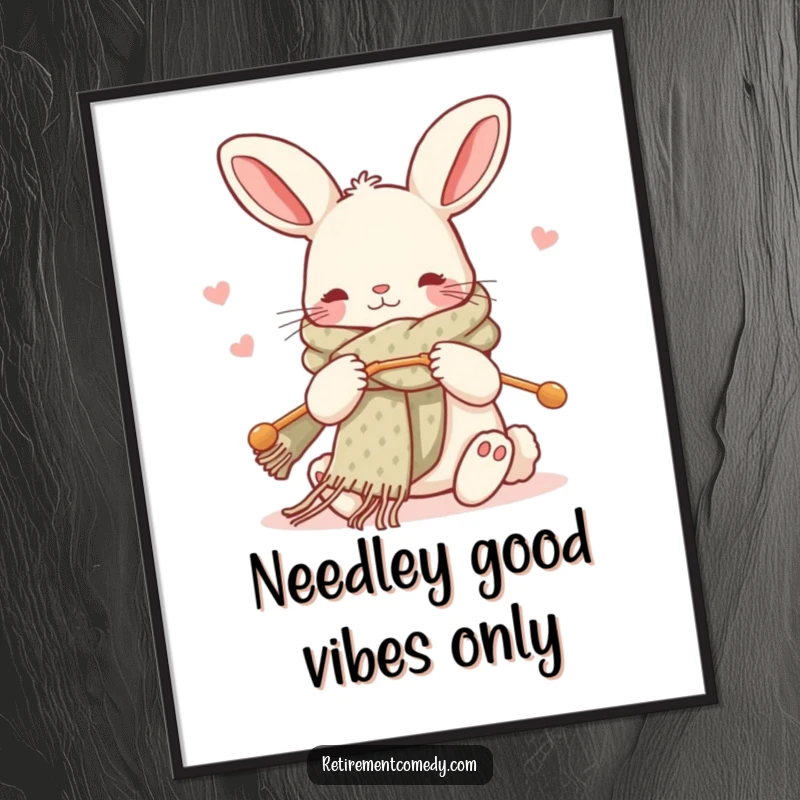 Free Printable Wall Art: Adorable kawaii rabbit creating a long, colorful scarf with oversized knitting needles, surrounded by soft yarn balls.