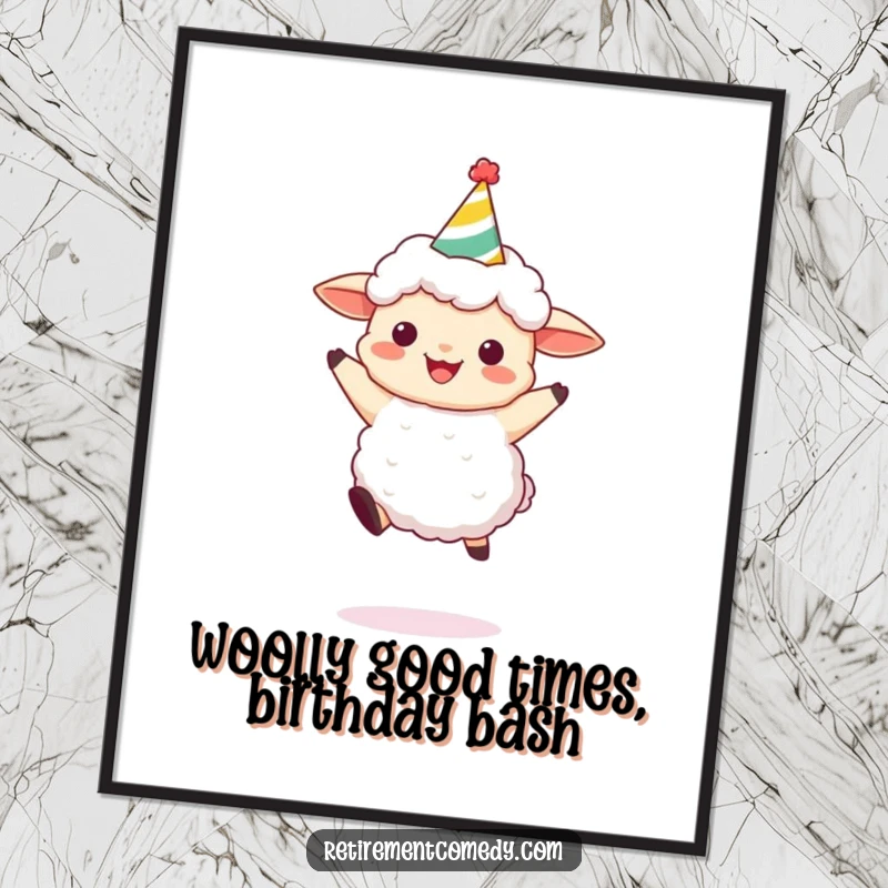 Funny free printable wall art of a fluffy sheep wearing a party hat, captured mid-leap with infectious joy.