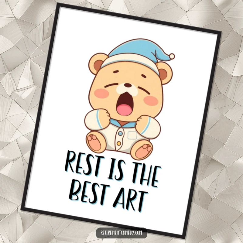 Funny Free Printable Wall Art: Sleepy bear in pajamas and nightcap yawning widely, cozy decor, unique downloadable art.