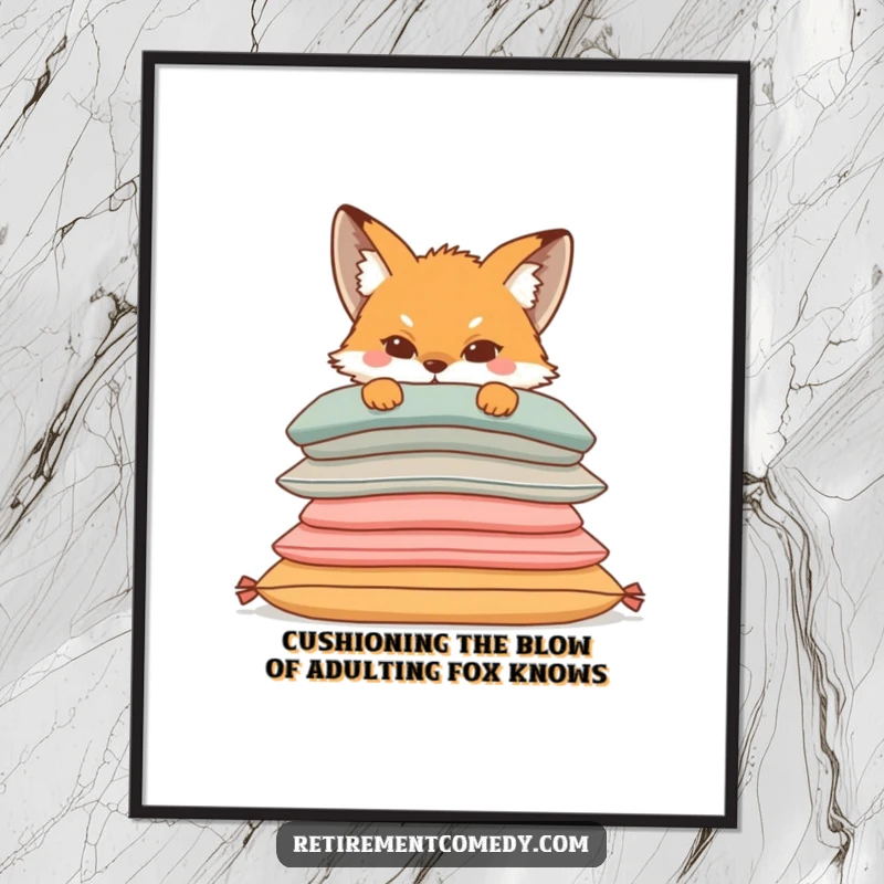 Funny Free Printable Wall Art: A sly fox peeks from behind a stack of plush cushions, adding humor to your decor.
