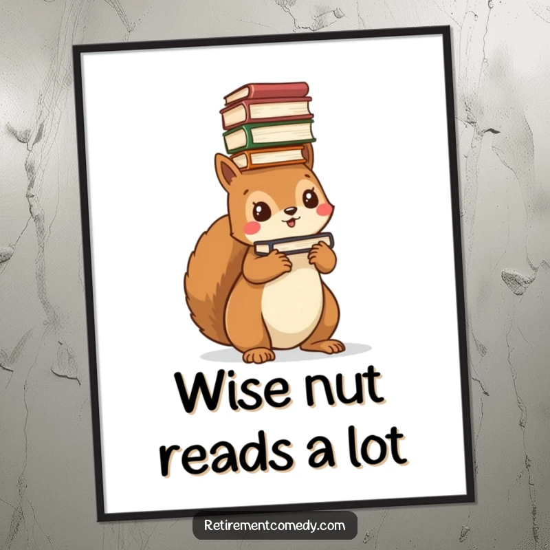 Funny Free Printable Wall Art: Adorable kawaii squirrel precariously balancing a huge stack of books on its head, smiling adorably.