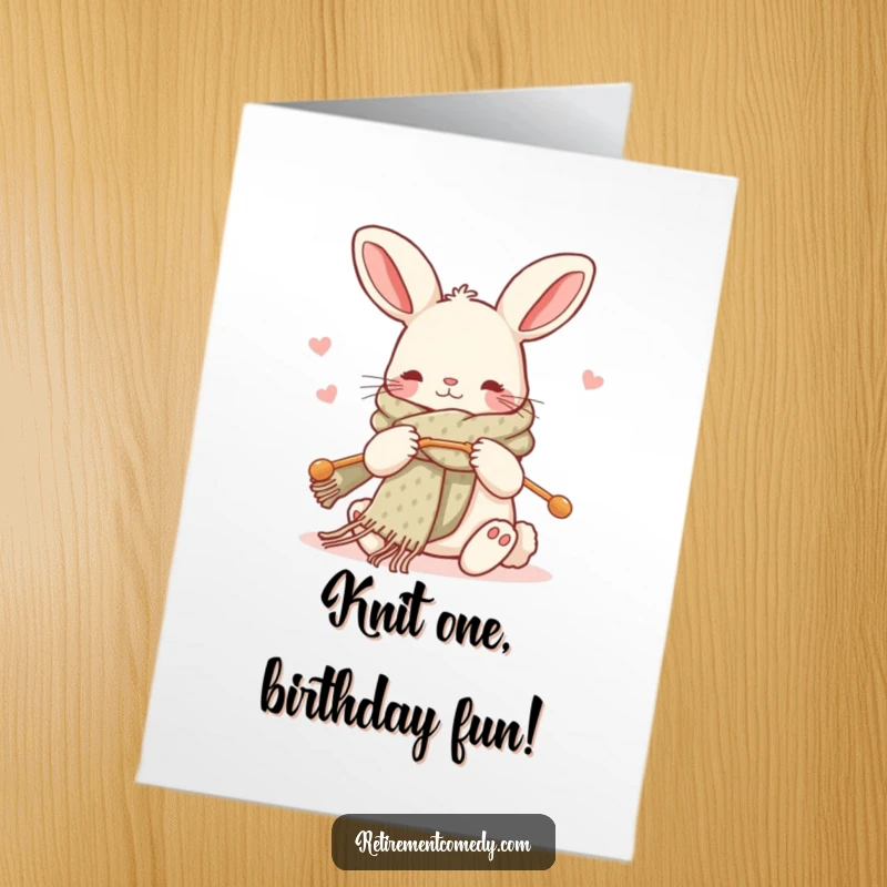 Free Printable Birthday Card: Kawaii rabbit happily knitting a long, colorful scarf with giant needles, looking cozy and content.