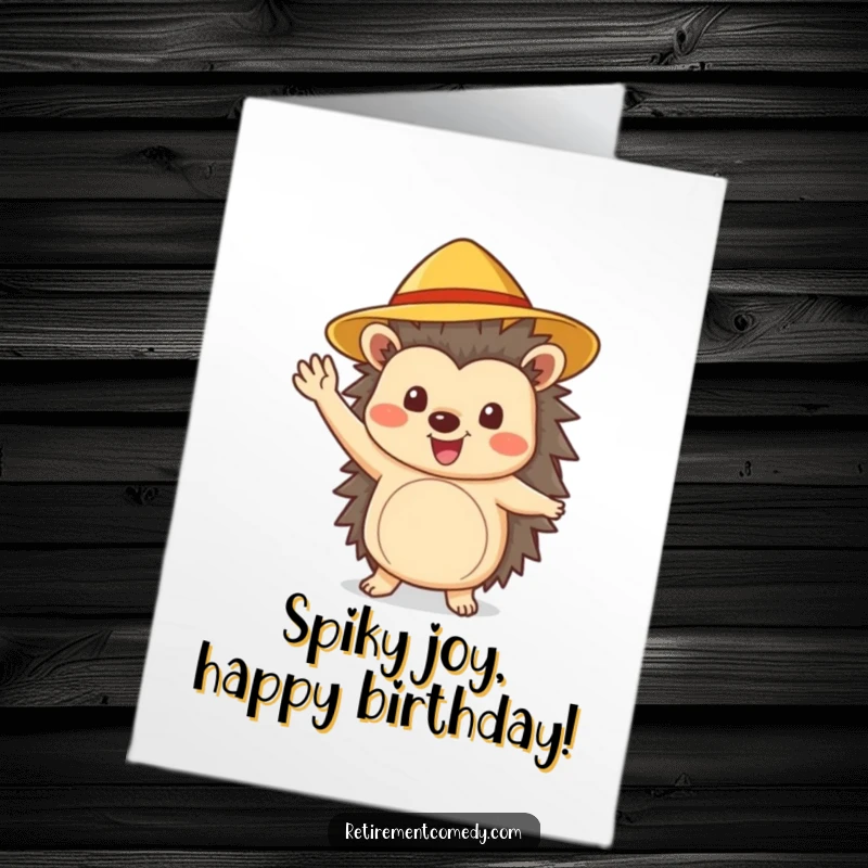 Funny Free Printable Birthday Card: Cheerful hedgehog in sun hat waving enthusiastically, happy birthday greeting, downloadable art.