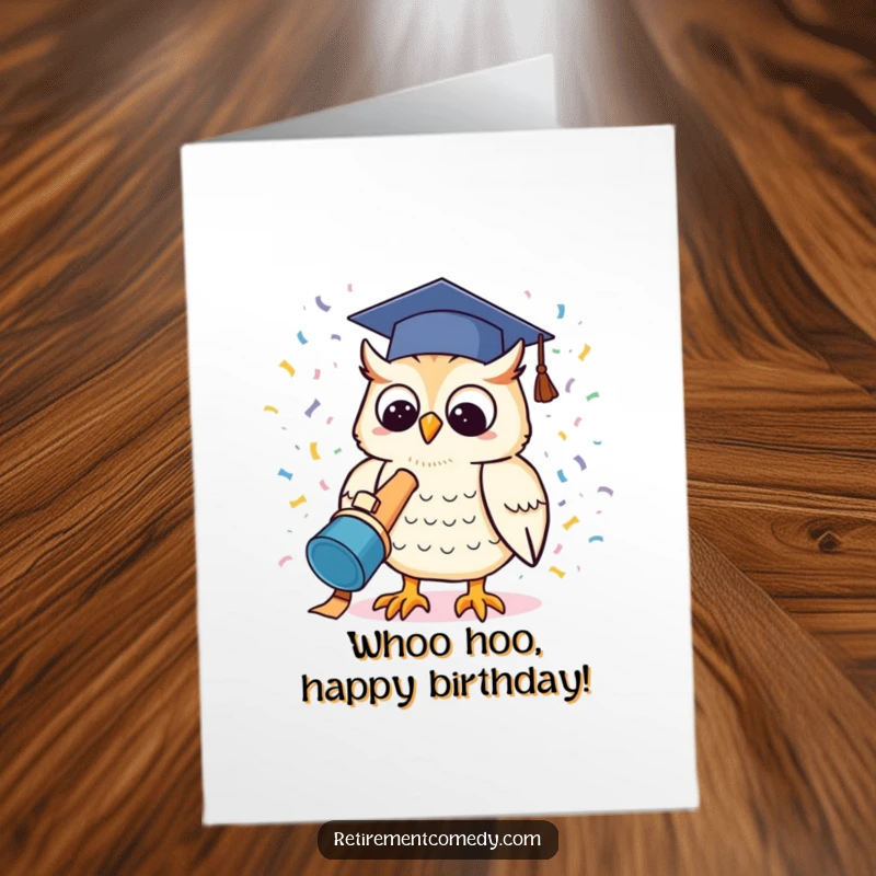 Funny Free Printable Birthday Card: A kawaii owl in a graduation cap launches a confetti cannon with excitement.