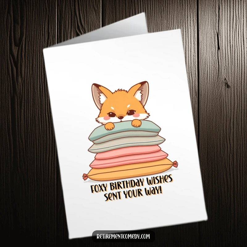 Funny Free Printable Birthday Card: Sly fox peeking mischievously from behind a pile of plush cushions, ready to surprise.